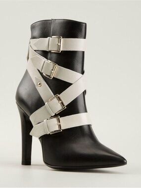 Studio Pollini Black Pointed Stiletto Ankle Boots with White Strap Buckles
